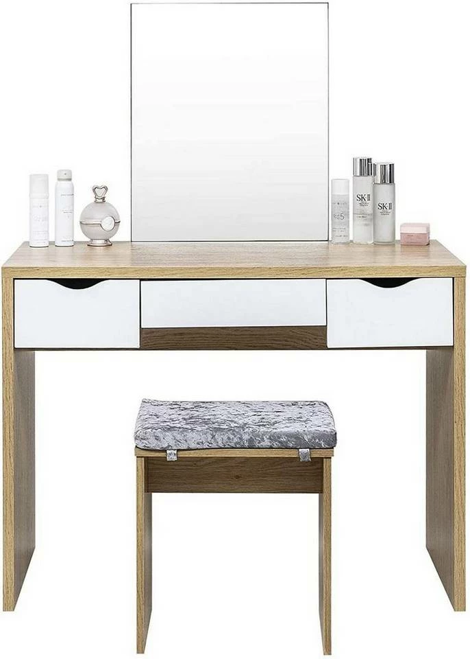 EUGAD Schminktisch, mit Hocker einem große Spiegel und 3 großen Schubladen Weiß-Eiche Eiche-Weiß, Weiß, Weiß-Eiche 14 EUGAD Schminktisch, mit Hocker einem große Spiegel und 3 großen Schubladen Weiß-Eiche Eiche-Weiß, Weiß, Weiß-Eiche – Bild 12