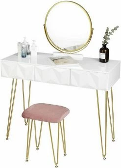 EUGAD Schminktisch (1-St), Frisiertisch mit Hocker und Spiegel, 360° schwenkbar Schminkspiegel, Kosmetiktisch mit 2 Schubladen, gepolsterte Samthocker, 3D Effekt Schublade, Weiß und golden -EUGAD Verkäufe 0163f058 6b90 5e40 86ba da0f22e817b8