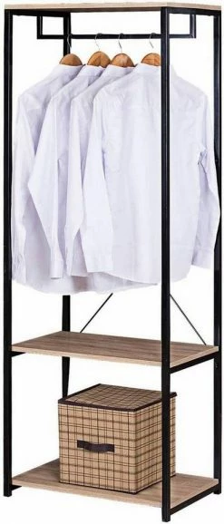 EUGAD Kleiderständer, Garderobenständer mit 2 Ablagen Holz Metall Schwarz-Hell Eiche Schwarz-Vintage, Weiß-Eiche