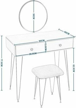EUGAD Schminktisch (1-St), Frisiertisch Kosmetiktisch mit rundem Spiegel und 2 Schubladen für Schlafzimmer aus MDF und Massivholz, Goldenfußgestell, Weiß+Golden -EUGAD Verkäufe 044e0de4 873f 468a 9b90 4caf84a5a862