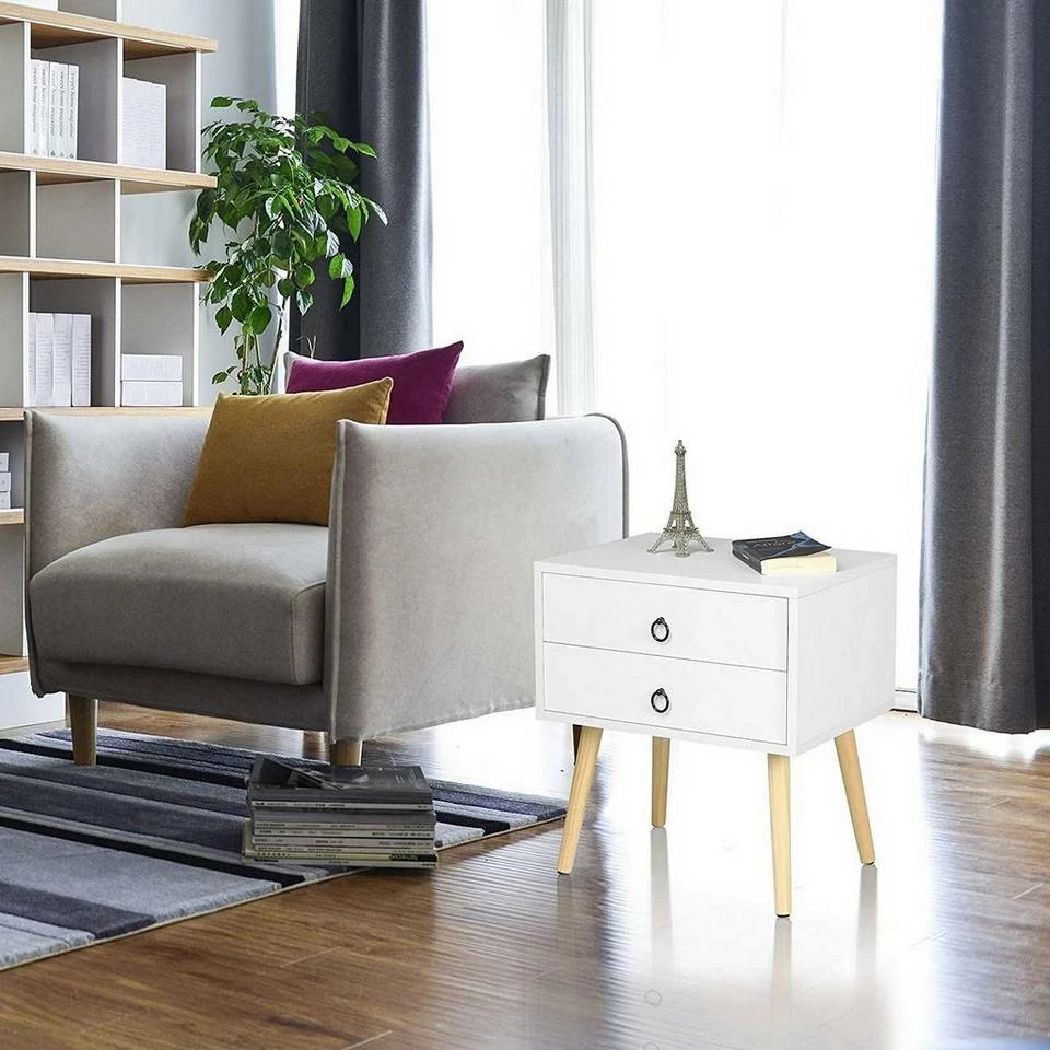 EUGAD Nachttisch, Beistelltisch mit 2 Schubladen Nachtkommode Nachtschrank Holzbeine MDF 46x35x50cm Weiß Grau, Weiß 3 EUGAD Nachttisch, Beistelltisch mit 2 Schubladen Nachtkommode Nachtschrank Holzbeine MDF 46x35x50cm Weiß Grau, Weiß – Bild 2