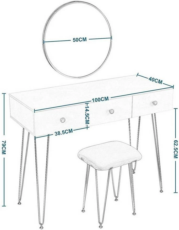 EUGAD Schminktisch, Kosmetiktisch mit 3 Schubladen, Frisiertisch aus MDF und Massivholz, 100x40x79cm, Weiß-Golden 5 EUGAD Schminktisch, Kosmetiktisch mit 3 Schubladen, Frisiertisch aus MDF und Massivholz, 100x40x79cm, Weiß-Golden – Bild 3