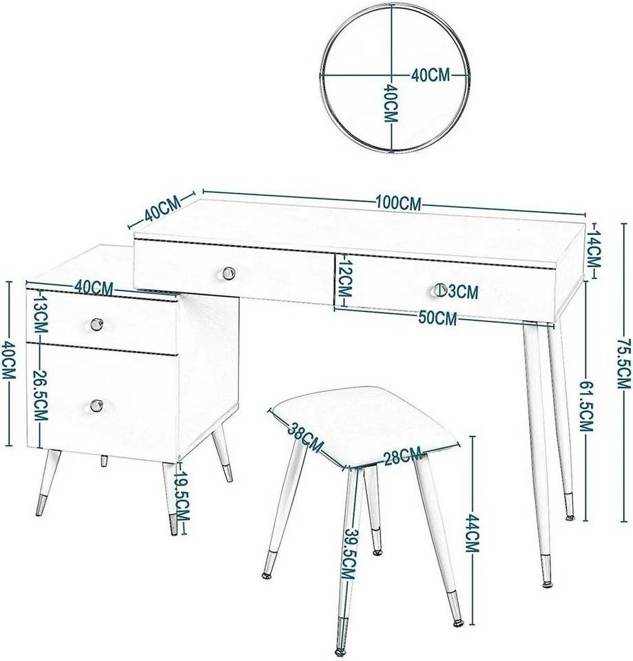 EUGAD Schminktisch (1-St), Schminktisch mit Hocker und Spiegel, Frisiertisch mit 4 Schubladen und Kosmetiktisch Frisierkommode für Schlafzimmer, Weiß Gold 5 EUGAD Schminktisch (1-St), Schminktisch mit Hocker und Spiegel, Frisiertisch mit 4 Schubladen und Kosmetiktisch Frisierkommode für Schlafzimmer, Weiß Gold – Bild 3