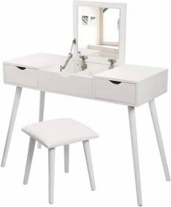 EUGAD Schminktisch, mit Aufklappbarem Spiegel, Schreibtisch mit 2 Schubladen, 100x40x75cm(L*B*H), Kosmetiktisch Computertisch mit große Tischplatte Eiche Weiß -EUGAD Verkäufe 1af38af9 296b 5ad7 9774 335457879c11