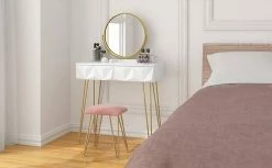 EUGAD Schminktisch (1-St), Frisiertisch mit Hocker und Spiegel, 360° schwenkbar Schminkspiegel, Kosmetiktisch mit 2 Schubladen, gepolsterte Samthocker, 3D Effekt Schublade, Weiß und golden -EUGAD Verkäufe 1b3eacdc 6261 4972 b56a 7c4a21d481f0