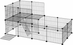 EUGAD Freigehege, Freigehege für Kaninchen Hasen Meerschweinchen Welpenauslauf Laufgitter mit Tür Doppelstöckig DIY 22 Platten Schwarz 140 x 70 x 70 cm