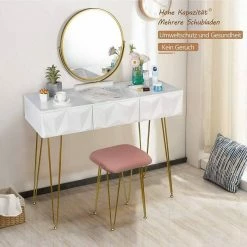 EUGAD Schminktisch (1-St), Frisiertisch mit Hocker und Spiegel, 360° schwenkbar Schminkspiegel, Kosmetiktisch mit 2 Schubladen, gepolsterte Samthocker, 3D Effekt Schublade, Weiß und golden -EUGAD Verkäufe 28340dc1 3357 517c a7ed b2161a2f957b
