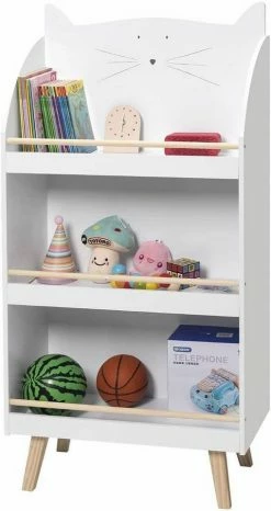 EUGAD Bücherregal, Kinderregal im Kinderzimmer, Spielzeugregal mit 3 Regalen, solides Aufbewahrungsregal in Katzenform aus MDF und Kiefernholz, 60x29x121,5 cm, Weiß -EUGAD Verkäufe 351364ae 09ce 5d5f be2f 9ea412a84b5e