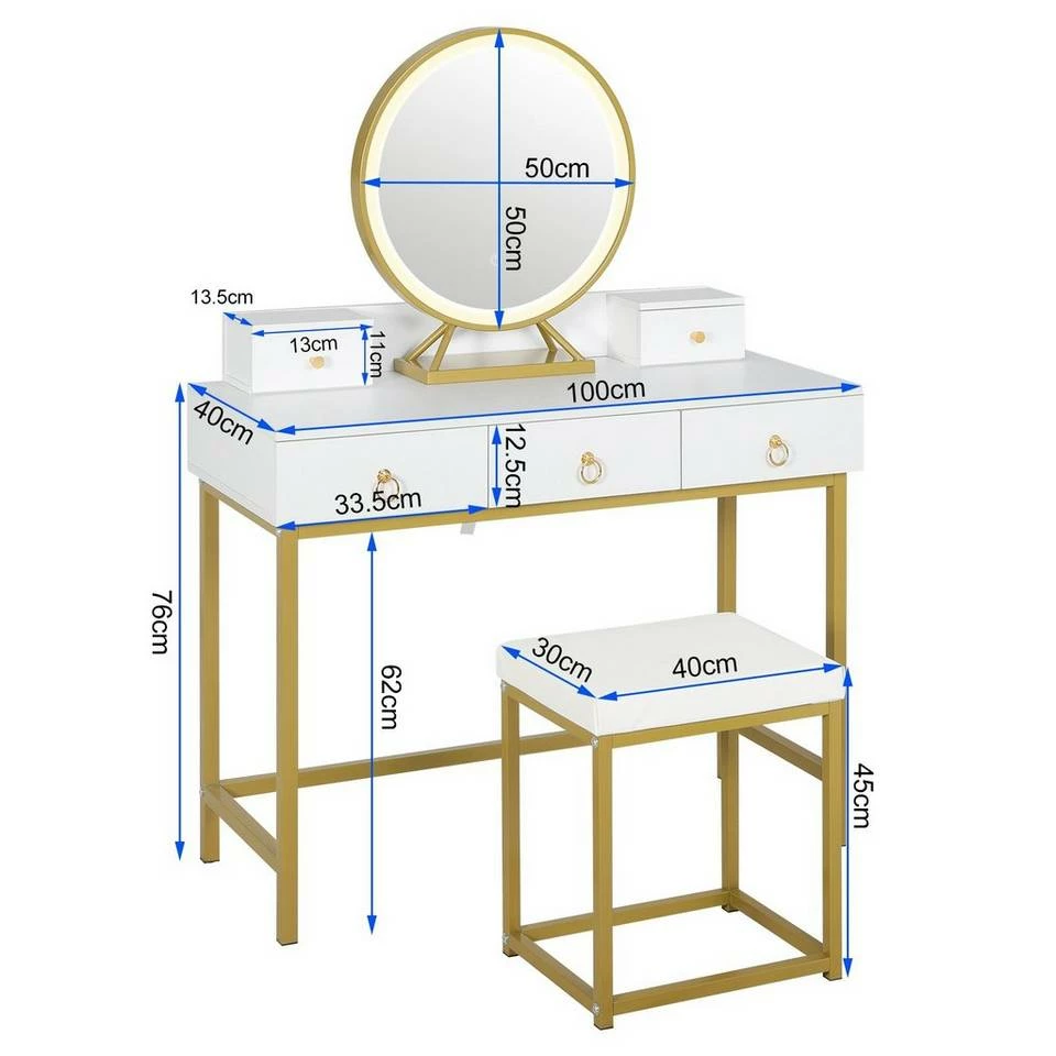 EUGAD Schminktisch (1-St), Schminktisch mit LED-Beleuchtung in 3 Farben, Kosmetiktisch mit Spiegel und Hocker, 5 Schubladen, 100x40x140cm, Modern Kosmetiktisch Weiß Schwarz, Weiß 6 EUGAD Schminktisch (1-St), Schminktisch mit LED-Beleuchtung in 3 Farben, Kosmetiktisch mit Spiegel und Hocker, 5 Schubladen, 100x40x140cm, Modern Kosmetiktisch Weiß Schwarz, Weiß – Bild 5