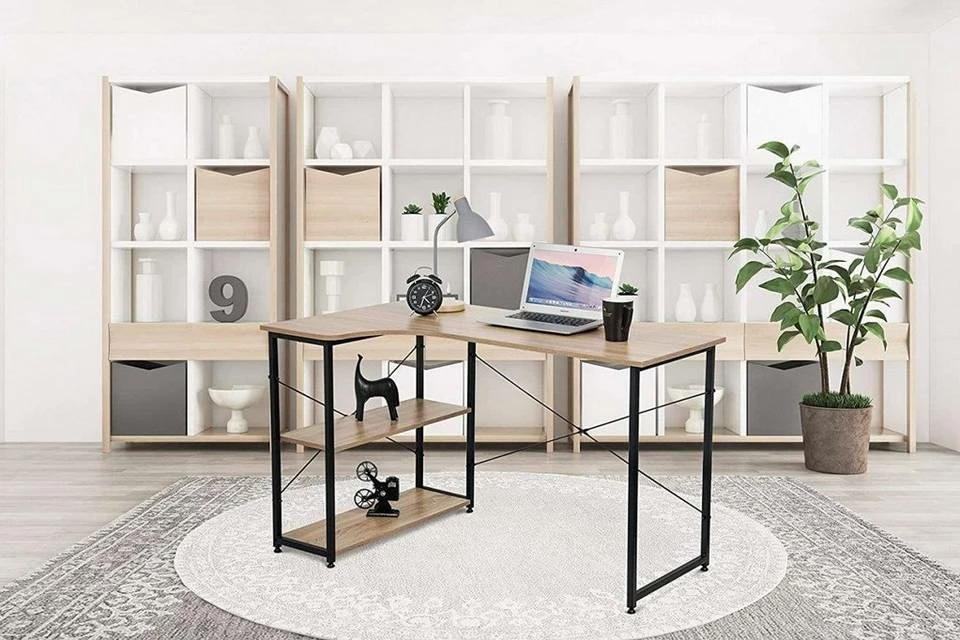 EUGAD Schreibtisch, Computertisch Büromöbel Couchtisch mit Ablage Holz Stahl Schwarz+Beigebraun Industrie-design 4 EUGAD Schreibtisch, Computertisch Büromöbel Couchtisch mit Ablage Holz Stahl Schwarz+Beigebraun Industrie-design – Bild 2