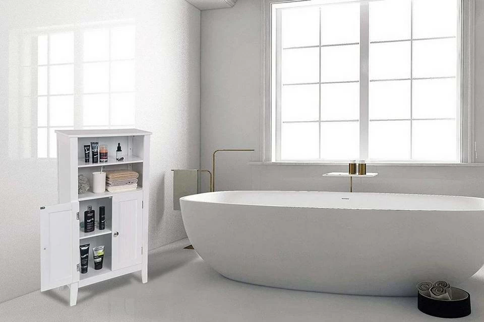 EUGAD Badkommode, Badschrank Beistellschrank, mit Doppeltür, 4 Fächern, MDF, Weiß 6 EUGAD Badkommode, Badschrank Beistellschrank, mit Doppeltür, 4 Fächern, MDF, Weiß – Bild 4