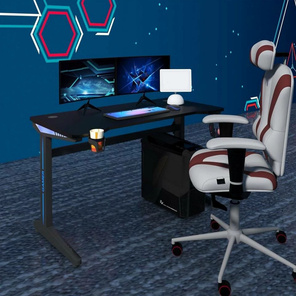 EUGAD Gamingtisch, Gaming Tisch mit LED 120x60cm Ergonomischer Schwarz Computertisch Schreibtisch PC Tisch mit Kabelmanagement Becherhalter Kopfhörerhalterung 3 EUGAD Gamingtisch, Gaming Tisch mit LED 120x60cm Ergonomischer Schwarz Computertisch Schreibtisch PC Tisch mit Kabelmanagement Becherhalter Kopfhörerhalterung – Bild 2
