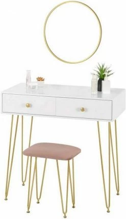 EUGAD Schminktisch (1-St), Frisiertisch Kosmetiktisch mit rundem Spiegel und 2 Schubladen für Schlafzimmer aus MDF und Massivholz, Goldenfußgestell, Weiß+Golden