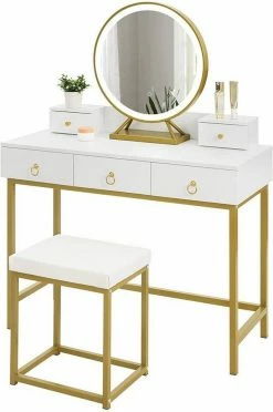 EUGAD Schminktisch (1-St), Schminktisch mit LED-Beleuchtung in 3 Farben, Kosmetiktisch mit Spiegel und Hocker, 5 Schubladen, 100x40x140cm, Modern Kosmetiktisch Weiß Schwarz, Weiß