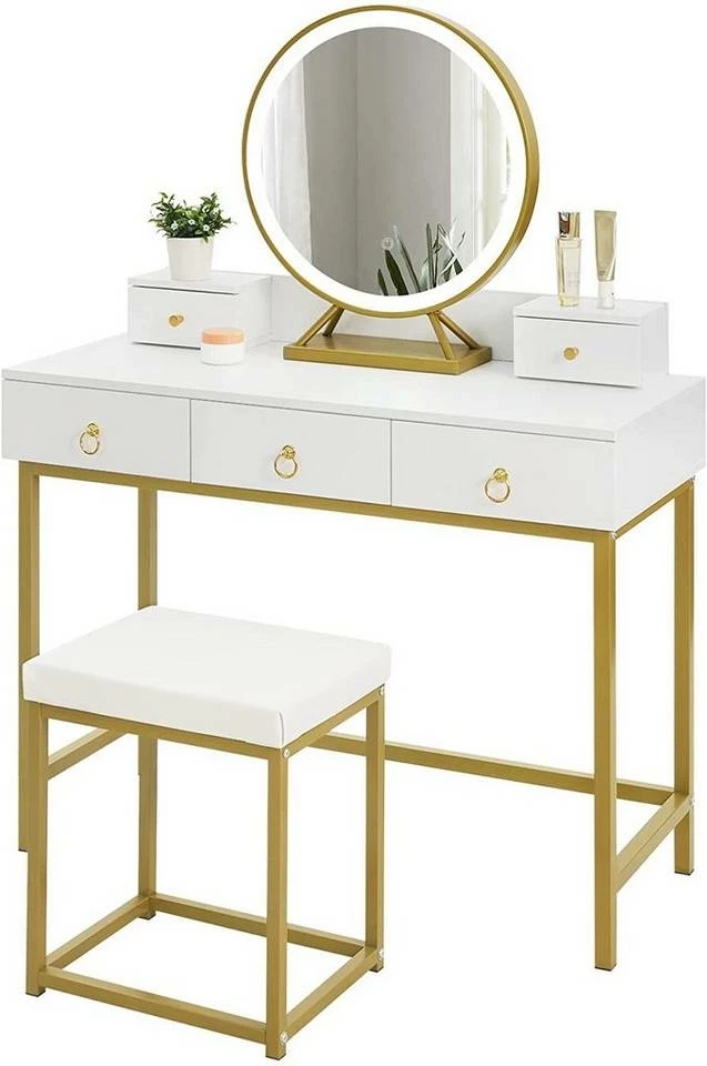 EUGAD Schminktisch (1-St), Schminktisch mit LED-Beleuchtung in 3 Farben, Kosmetiktisch mit Spiegel und Hocker, 5 Schubladen, 100x40x140cm, Modern Kosmetiktisch Weiß Schwarz, Weiß 2 EUGAD Schminktisch (1-St), Schminktisch mit LED-Beleuchtung in 3 Farben, Kosmetiktisch mit Spiegel und Hocker, 5 Schubladen, 100x40x140cm, Modern Kosmetiktisch Weiß Schwarz, Weiß
