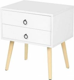 EUGAD Nachttisch, Beistelltisch mit 2 Schubladen Nachtkommode Nachtschrank Holzbeine MDF 46x35x50cm Weiß Grau, Weiß