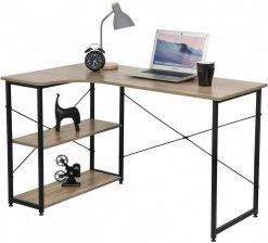 EUGAD Schreibtisch, Computertisch Büromöbel Couchtisch mit Ablage Holz Stahl Schwarz+Beigebraun Industrie-design