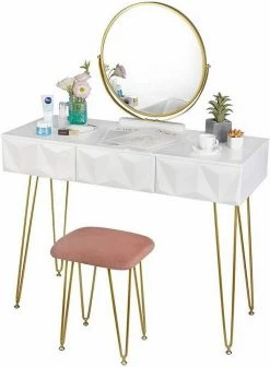 EUGAD Schminktisch (1-St), Frisiertisch mit Hocker und Spiegel, 360° schwenkbar Schminkspiegel, Kosmetiktisch mit 2 Schubladen, gepolsterte Samthocker, 3D Effekt Schublade, Weiß und golden -EUGAD Verkäufe 57c5bdf8 3194 5e92 b87d 1ee9c09a616b