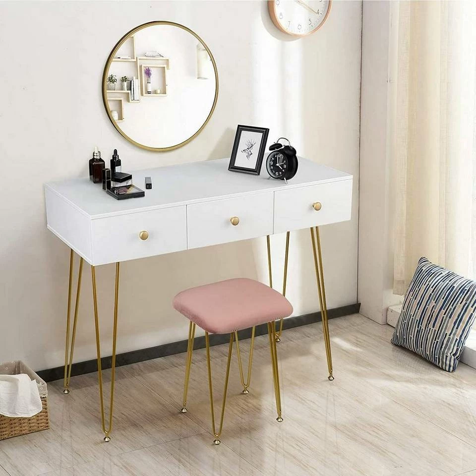 EUGAD Schminktisch, Kosmetiktisch mit 3 Schubladen, Frisiertisch aus MDF und Massivholz, 100x40x79cm, Weiß-Golden 4 EUGAD Schminktisch, Kosmetiktisch mit 3 Schubladen, Frisiertisch aus MDF und Massivholz, 100x40x79cm, Weiß-Golden – Bild 2