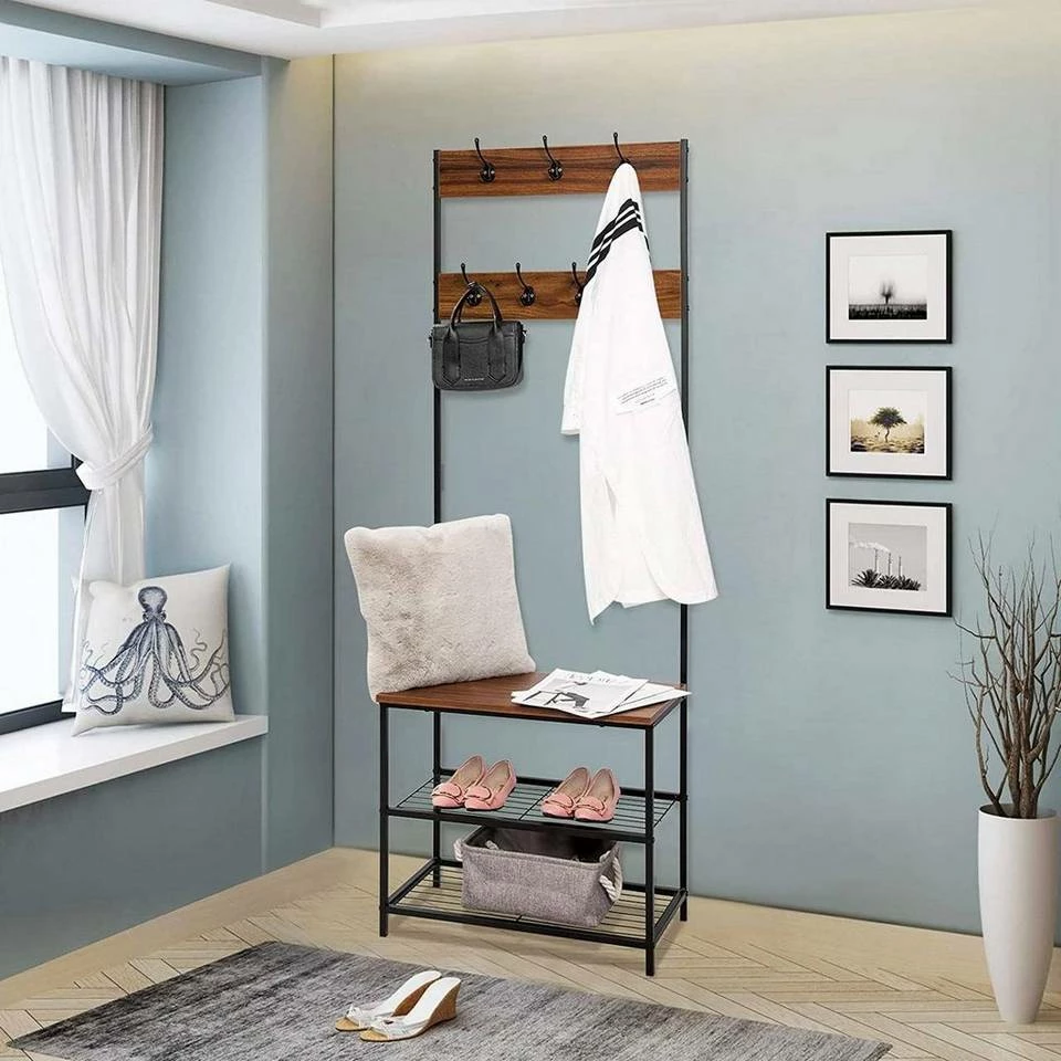 EUGAD Garderobenständer, (1 St), Kleiderständer, mit Haken, Schuhbank, Dunkelbraun 4 EUGAD Garderobenständer, (1 St), Kleiderständer, mit Haken, Schuhbank, Dunkelbraun – Bild 2