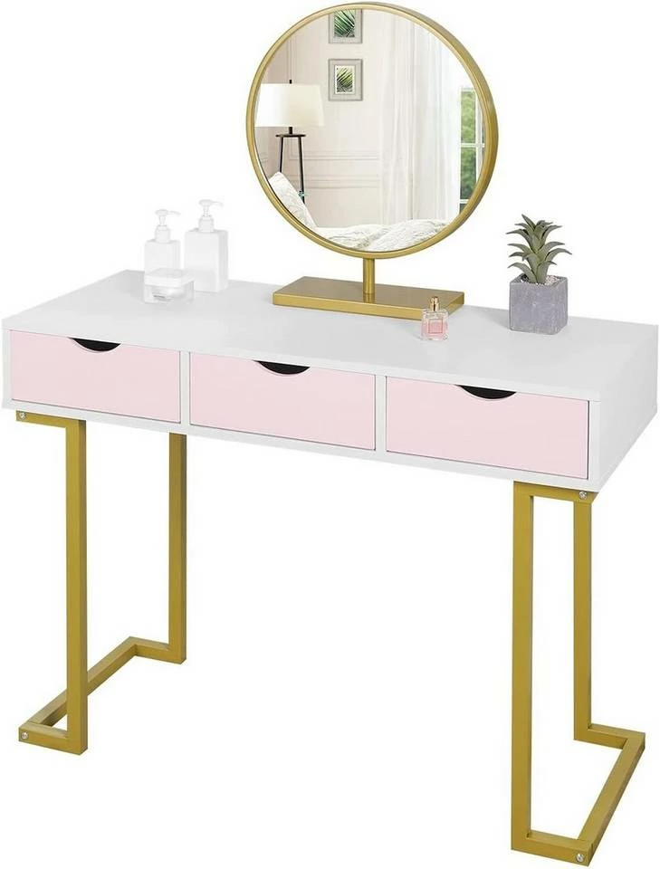 EUGAD Schminktisch (1-St), Schminktisch Frisiertisch Kommode mit Spiegel modern Kosmetiktisch mit 3 Schubladen Weiß-Rosa-Golden 11 EUGAD Schminktisch (1-St), Schminktisch Frisiertisch Kommode mit Spiegel modern Kosmetiktisch mit 3 Schubladen Weiß-Rosa-Golden – Bild 9