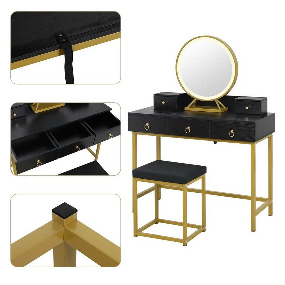 EUGAD Schminktisch (1-St), Schminktisch mit LED-Beleuchtung in 3 Farben, Kosmetiktisch mit Spiegel und Hocker, 5 Schubladen, 100x40x140cm, Modern Kosmetiktisch Weiß Schwarz, Weiß 14 EUGAD Schminktisch (1-St), Schminktisch mit LED-Beleuchtung in 3 Farben, Kosmetiktisch mit Spiegel und Hocker, 5 Schubladen, 100x40x140cm, Modern Kosmetiktisch Weiß Schwarz, Weiß – Bild 13