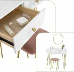 EUGAD Schminktisch (1-St), Frisiertisch Kosmetiktisch mit rundem Spiegel und 2 Schubladen für Schlafzimmer aus MDF und Massivholz, Goldenfußgestell, Weiß+Golden -EUGAD Verkäufe 68c2ba6a ae63 5cae 9f6a 625c5ad0e881