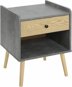 EUGAD Nachttisch (1-St), Nachtkommode, Kommode mit Schubladen und Ablagefach, Nachtschrank Industrial-Design Beistelltisch einfach Aufbau, für Schlafzimmer, Wohnzimmer Grau + Helle Eiche
