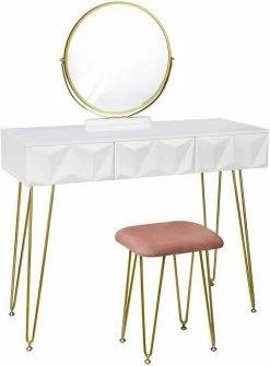 EUGAD Schminktisch (1-St), Frisiertisch mit Hocker und Spiegel, 360° schwenkbar Schminkspiegel, Kosmetiktisch mit 2 Schubladen, gepolsterte Samthocker, 3D Effekt Schublade, Weiß und golden -EUGAD Verkäufe 6e8f4395 4b1e 5307 9dbe c2d7b0f26ef2