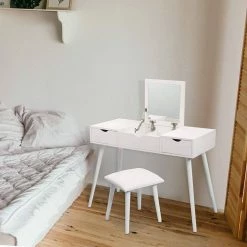 EUGAD Schminktisch, mit Aufklappbarem Spiegel, Schreibtisch mit 2 Schubladen, 100x40x75cm(L*B*H), Kosmetiktisch Computertisch mit große Tischplatte Eiche Weiß -EUGAD Verkäufe 70f92167 7d18 52b0 9b62 0db95ba0ba4f