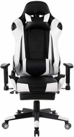 EUGAD Gaming Chair, Bürostuhl Schreibtischstuhl, Kunstleder, mit Ledenkissen Kopfstütze einstellbaren Armlehnen Weiß Grau, Rot, Weiß