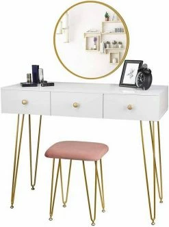 EUGAD Schminktisch, Kosmetiktisch mit 3 Schubladen, Frisiertisch aus MDF und Massivholz, 100x40x79cm, Weiß-Golden 14 EUGAD Schminktisch, Kosmetiktisch mit 3 Schubladen, Frisiertisch aus MDF und Massivholz, 100x40x79cm, Weiß-Golden -EUGAD Verkäufe 770ba05c bff2 594e 9ce7 2220a0539691