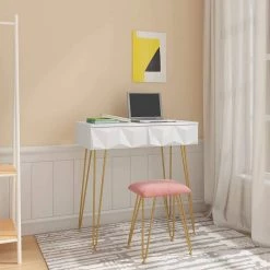 EUGAD Schminktisch (1-St), Frisiertisch mit Hocker und Spiegel, 360° schwenkbar Schminkspiegel, Kosmetiktisch mit 2 Schubladen, gepolsterte Samthocker, 3D Effekt Schublade, Weiß und golden -EUGAD Verkäufe 78b87c4b 3882 4e5a aa35 b4cfee3e2b55