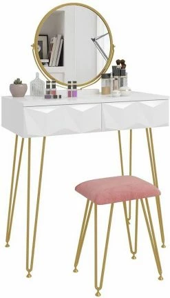 EUGAD Schminktisch (1-St), Frisiertisch mit Hocker und Spiegel, 360° schwenkbar Schminkspiegel, Kosmetiktisch mit 2 Schubladen, gepolsterte Samthocker, 3D Effekt Schublade, Weiß und golden -EUGAD Verkäufe 81e6e719 307e 4f03 ace9 f8322e179f99