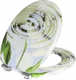 EUGAD WC-Sitz (1-St), Toilettensitz, WC Sitz mit Absenkautomatik, MDF, Holz, Softclose Scharnier Grüne Blätter, Holzfarbe, Lilie, Seestern, Seestern Am Strand, Seestern Sonnenuntergang, Stone, Lila Blume und Stones