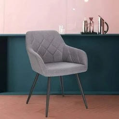 EUGAD Esszimmerstuhl (1 Stück), Wohnzimmerstuhl aus Leinen Polsterstuhl mit Armlehnen und Rückenlehne schwarze Gestell aus Metall Hellgrau Dunkelgrau