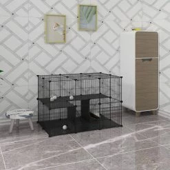 EUGAD Freigehege, Freigehege Kaninchen mit Stauraum Hasen Meerschweinchen Welpenauslauf Laufgitter mit Tür&Treppe DIY Schwarz 38 Platten (35x35cm/Platte) 105 x 70 x 70 cm