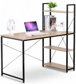 EUGAD Schreibtisch, Bürotisch mit Ablage Holz Stahl 120x64x120cm (BxTxH) Hell Eiche+schwarz Dunkel Buche-Schwarz, Hell Eiche-Schwarz, Hell Eiche-Weiß