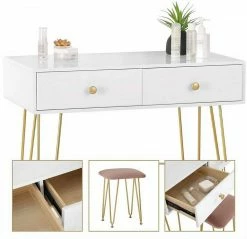 EUGAD Schminktisch (1-St), Frisiertisch Kosmetiktisch mit rundem Spiegel und 2 Schubladen für Schlafzimmer aus MDF und Massivholz, Goldenfußgestell, Weiß+Golden -EUGAD Verkäufe 97583ddb ec31 5302 9fa3 ec43e661396b