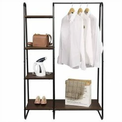 EUGAD Garderobenständer, Kleiderständer,mit Regal, Metall, Holz,im Flur, Wohnzimmer, Dunkelbraun-Schwarz Eiche-Weiß, Sand-Weiß