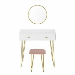 EUGAD Schminktisch (1-St), Frisiertisch Kosmetiktisch mit rundem Spiegel und 2 Schubladen für Schlafzimmer aus MDF und Massivholz, Goldenfußgestell, Weiß+Golden -EUGAD Verkäufe a2573c8d 38dd 5d7e 8146 7976513e27df