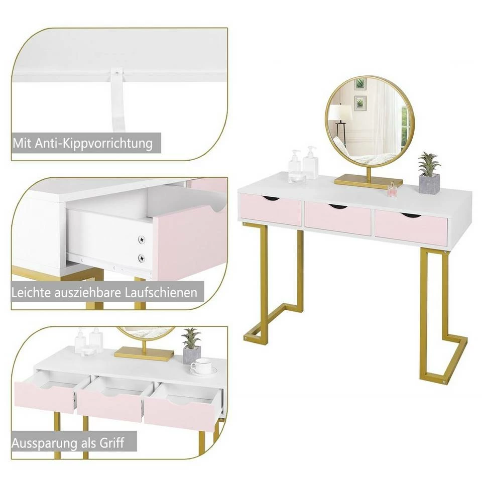 EUGAD Schminktisch (1-St), Schminktisch Frisiertisch Kommode mit Spiegel modern Kosmetiktisch mit 3 Schubladen Weiß-Rosa-Golden 7 EUGAD Schminktisch (1-St), Schminktisch Frisiertisch Kommode mit Spiegel modern Kosmetiktisch mit 3 Schubladen Weiß-Rosa-Golden – Bild 5