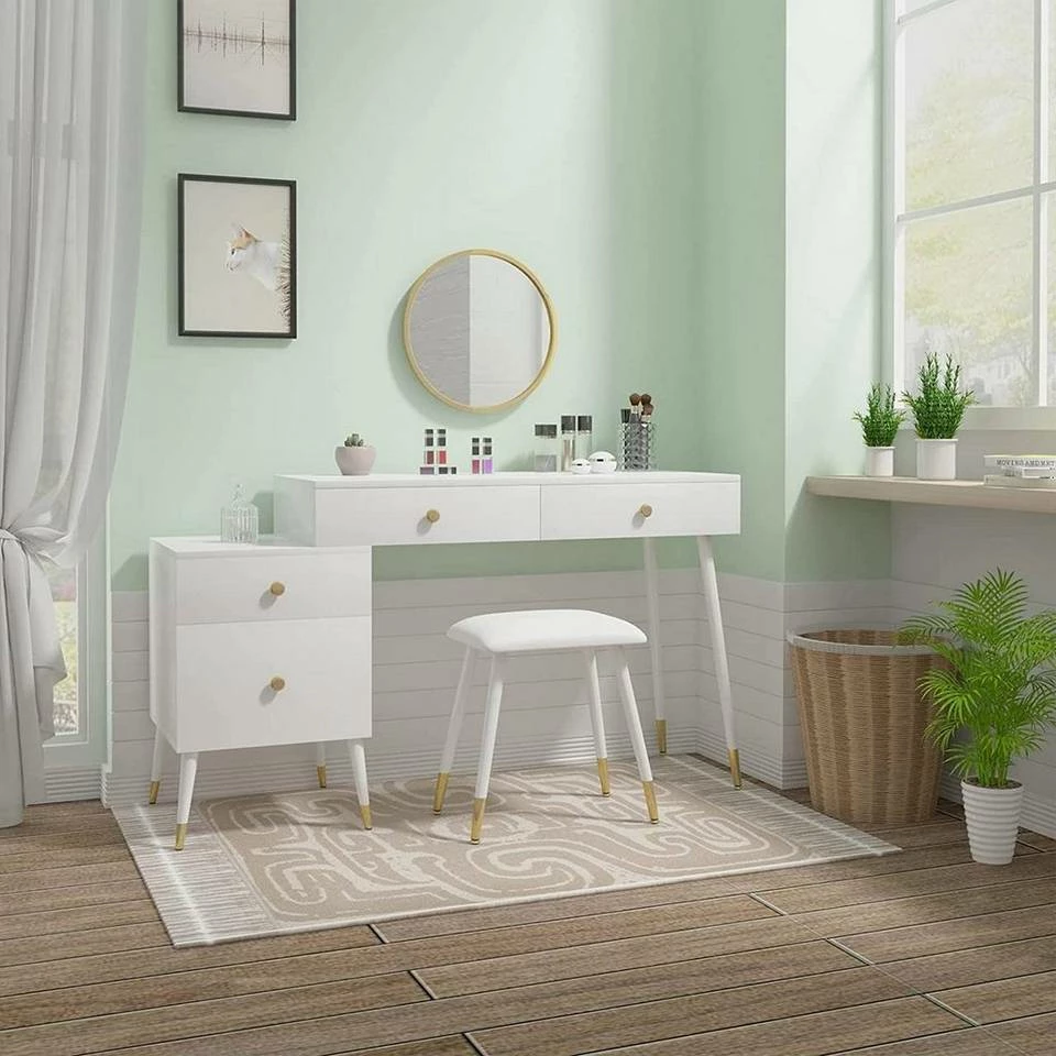 EUGAD Schminktisch (1-St), Schminktisch mit Hocker und Spiegel, Frisiertisch mit 4 Schubladen und Kosmetiktisch Frisierkommode für Schlafzimmer, Weiß Gold 6 EUGAD Schminktisch (1-St), Schminktisch mit Hocker und Spiegel, Frisiertisch mit 4 Schubladen und Kosmetiktisch Frisierkommode für Schlafzimmer, Weiß Gold – Bild 4