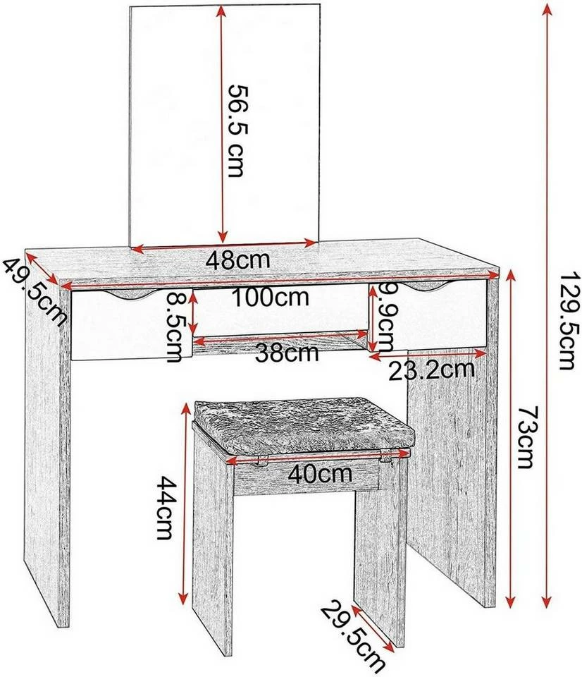 EUGAD Schminktisch, mit Hocker einem große Spiegel und 3 großen Schubladen Weiß-Eiche Eiche-Weiß, Weiß, Weiß-Eiche 5 EUGAD Schminktisch, mit Hocker einem große Spiegel und 3 großen Schubladen Weiß-Eiche Eiche-Weiß, Weiß, Weiß-Eiche – Bild 3