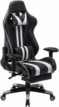 EUGAD Gaming-Stuhl (1 Stück), mit Fußstütze Racing Stuhl Drehstuhl Bürostuhl Schreibtischstuhl PC Stuhl mit Wippfunktion Höhenverstellbar Kunstleder Weiß Grau, Rot, Weiß