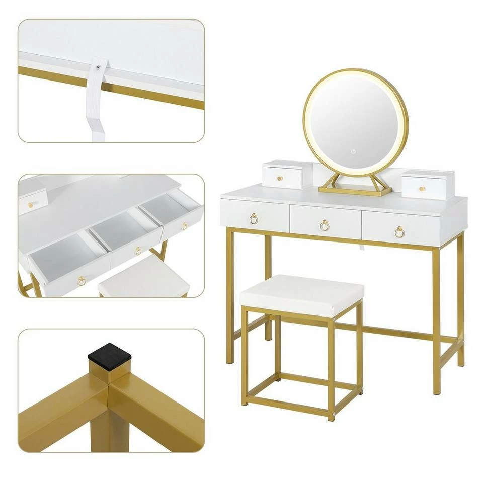 EUGAD Schminktisch (1-St), Schminktisch mit LED-Beleuchtung in 3 Farben, Kosmetiktisch mit Spiegel und Hocker, 5 Schubladen, 100x40x140cm, Modern Kosmetiktisch Weiß Schwarz, Weiß 5 EUGAD Schminktisch (1-St), Schminktisch mit LED-Beleuchtung in 3 Farben, Kosmetiktisch mit Spiegel und Hocker, 5 Schubladen, 100x40x140cm, Modern Kosmetiktisch Weiß Schwarz, Weiß – Bild 4