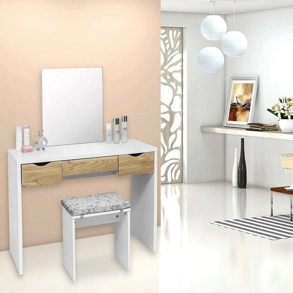 EUGAD Schminktisch, mit Hocker einem große Spiegel und 3 großen Schubladen Weiß-Eiche Eiche-Weiß, Weiß, Weiß-Eiche 18 EUGAD Schminktisch, mit Hocker einem große Spiegel und 3 großen Schubladen Weiß-Eiche Eiche-Weiß, Weiß, Weiß-Eiche – Bild 16