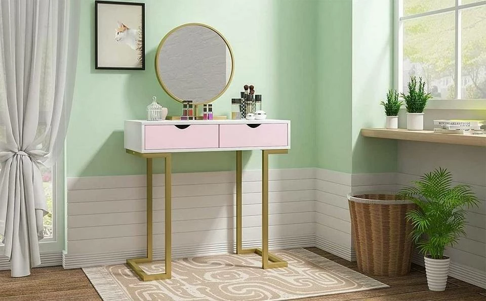 EUGAD Schminktisch (1-St), Schminktisch Frisiertisch Kommode mit Spiegel modern Kosmetiktisch mit 3 Schubladen Weiß-Rosa-Golden 13 EUGAD Schminktisch (1-St), Schminktisch Frisiertisch Kommode mit Spiegel modern Kosmetiktisch mit 3 Schubladen Weiß-Rosa-Golden – Bild 11