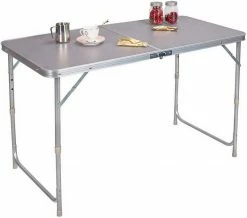 EUGAD Campingtisch, zusammenklappbar Pickniktisch, höhenverstellbar 120x60x55-62-70cm, Tischplatte aus MDF, Grau Eiche, Schwarz, Weiß