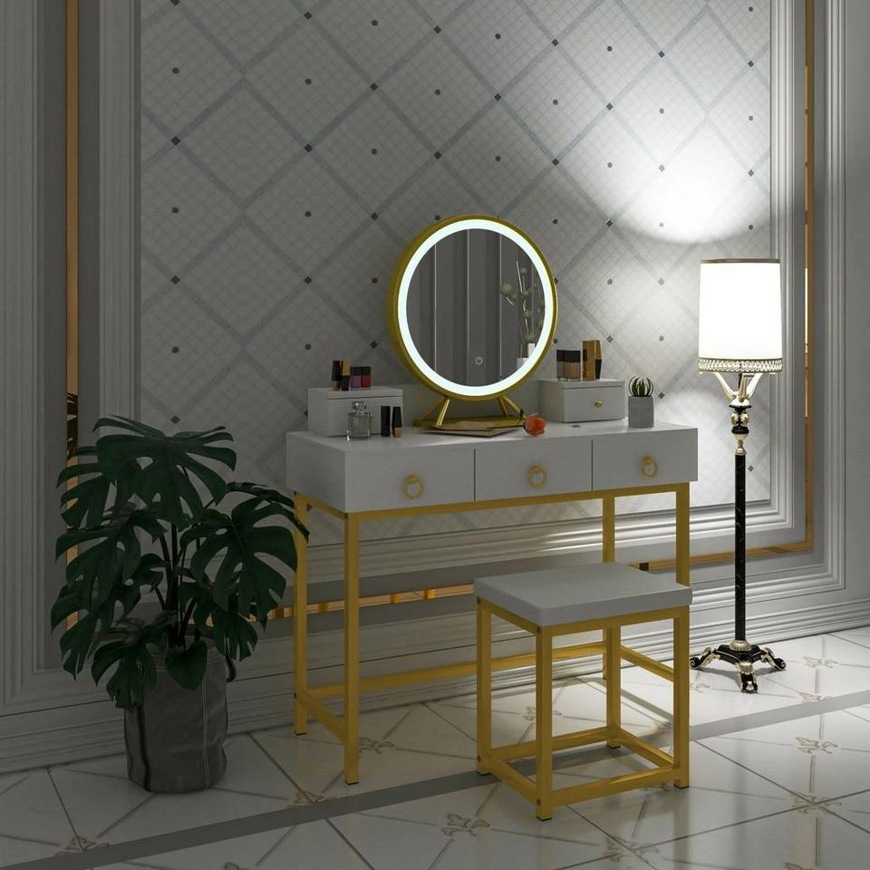 EUGAD Schminktisch (1-St), Schminktisch mit LED-Beleuchtung in 3 Farben, Kosmetiktisch mit Spiegel und Hocker, 5 Schubladen, 100x40x140cm, Modern Kosmetiktisch Weiß Schwarz, Weiß 4 EUGAD Schminktisch (1-St), Schminktisch mit LED-Beleuchtung in 3 Farben, Kosmetiktisch mit Spiegel und Hocker, 5 Schubladen, 100x40x140cm, Modern Kosmetiktisch Weiß Schwarz, Weiß – Bild 3